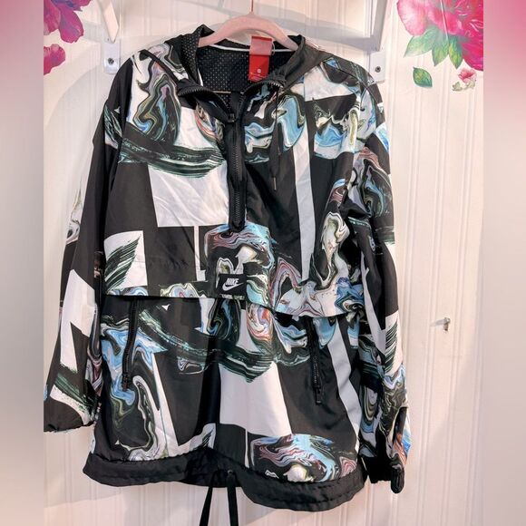Nike Women's Black/Multi Marble-Print Half-Zip Hooded Jacket Sz M - Picture 2 of 13